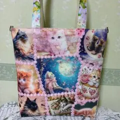 ハンドメイド　猫と花柄のビッグトートバッグ（試作品）