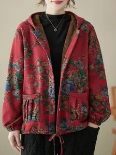 プリント 裏起毛 フード付き アウター 暖かい レトロ＆ゆったり カジュアル