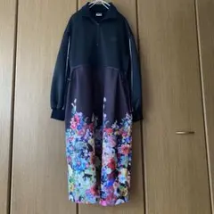 ScoLar ハーフジップ ジャージロングワンピース 花柄・黒猫　　Mサイズ