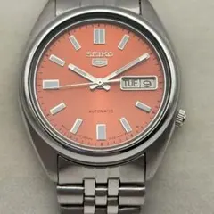 未使用 SEIKO5 自動巻 裏スケ SNXA11 サーモンピンク デイデイト