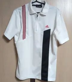 adidasゴルフ ポロシャツ ハーフジップ 白×赤ライン×黒　サイズL