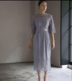 GIRL パネル柄総レース五分袖Iラインミモレ丈結婚式パーティードレス