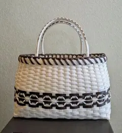 エコクラフト　カゴバック　白☓茶　紙バンド　ハンドメイド