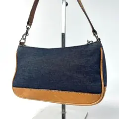 美品 コーチ アクセサリーポーチ ショルダーバッグ 青デニム レザー コンパクト