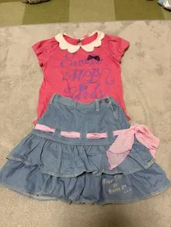 メゾピアノ　ピンクのドットTシャツとデニムスカートセット　140