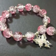ピンクビーズ蝶チャームブレスレット