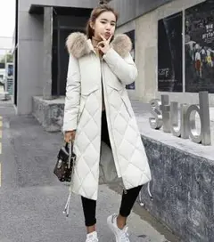 キルティング ロング 中綿ダウンコート フード レディース アイボリ6
