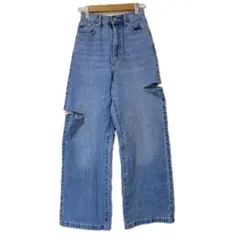 moment+ ヘビーツイル&ダメージデニムストレートパンツ　ブルー　S