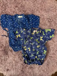 美品甚平セットトンボ柄金魚柄70/ 80サイズ ネイビー