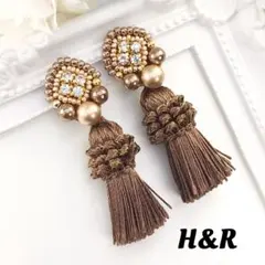 645 一点物 ハンドメイド ピアス ビーズ刺繍 ビジュー パール ブラウン