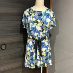 【新品未使用】ブルー 青 花柄 チュニックリボン付き Mサイズ