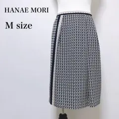 【モリハナエ】サイドライン 膝丈 総柄 幾何学模様 台形 ナロースカート 美品