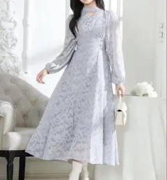Lace Ladies シアー ジャガードレース ロング ワンピース グレー