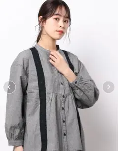 ※Samansa Mos2※ 刺繍×レース前開きブラウス 千鳥格子柄グレー