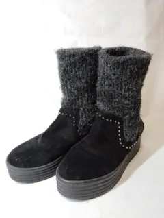 ♡厚底♡ スエード ニット ムートン ブーツ 黒 22cm 秋冬