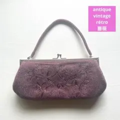 5364◆アンティークヴィンテージビーズバッグ薄紫に薔薇と蕾が美しい和装バッグ