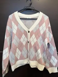 Honeys 総柄カーディガン ダイヤ柄 ピンク