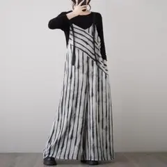 サロペットオールインワンストライプワイドパンツきれいめ体型カバー大人可愛ゆったり