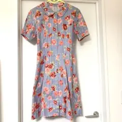 新品未使用 花柄半袖ワンピース 綿 水色 ピンクハイビスカス ライトブルー