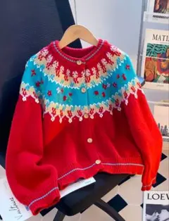 レッド ノルディック柄 フラワー刺繍 ニットカーディガン フリーサイズ 新品