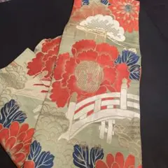 【アンティーク】七五三 子供用 帯 正絹 大正ロマン 緑　牡丹 古典柄 幅21