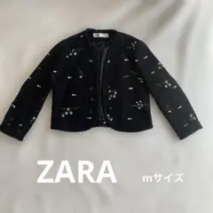 ZARA M エンブロイダリーテクスチャージャケット　刺繍　ノーカラー　黒