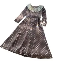 ブラウン ドット柄 長袖ワンピース 昭和レトロ 日本製 9号