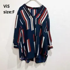 ViS/ビス シャツ トップス Vネック ストライプ ネイビー 春夏 FREEのサムネイル