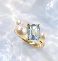エメラルドカット ブルートパーズパール リング×ピアスセット