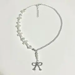 ハンドメイドネックレス　シルバーアクセサリー　パール　リボン　調節可能