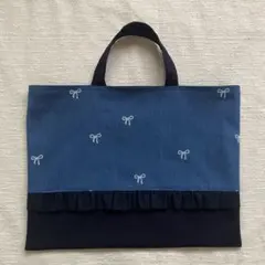 myuuu18様専用！デニムリボン柄　無地フリルレッスンバッグ+上履き袋