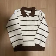 ストライプポロカラー長袖ニット