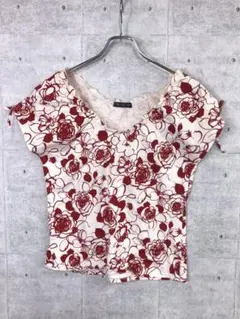 00's Y2K フェミニン 古着 ローズ 総柄 袖リボンフリル トップス