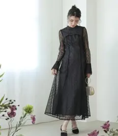 幾何学柄 レース ワンピース オケージョン ドレス 結婚式　ブラック