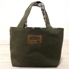 ハンドメイド＊新品＊オリーブチェックベアー柄両面トートバッグ弁当袋ポケット付小型