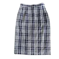 ネイビーとホワイトのチェック タイトスカート 膝下丈