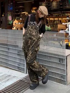 オーバーオール デニムパンツ つなぎ サロペット ゆったり 豹柄 ヒョウ柄