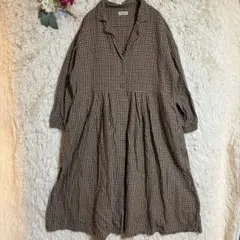 美品【サマンサモスモス】F ロングワンピース チェック 茶 麻混 ナチュラル