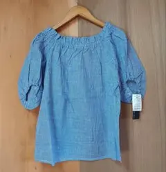 オフショルブラウス ギンガムチェック バックリボン ライトブルー