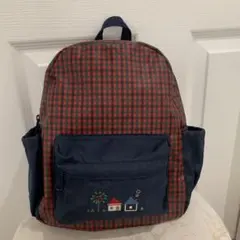 familiar リュック 赤チェック　家と木の刺繍