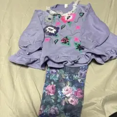 紫色 花柄刺繍 トップスとレギンスセット 100cm