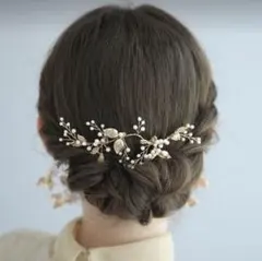 ヘッドドレスヘアアクセサリー髪飾りヘッドパーツブライダルゴールドリーフパール小枝