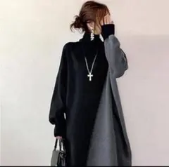【Ｌsize】　バイカラー ドッキングワンピース タートルネック 黒