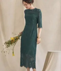 【未使用/極美品】 お呼ばれ ドレス パーティー ミモレ丈 ダークグリーン M