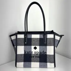 ケイトスペード エラ チェック トートバッグ 刺繍ロゴ 黒 白