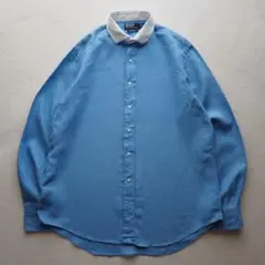 90s Ralph Lauren クレリック 長袖リネンシャツ ブルー ホワイト