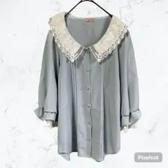J1004 アクシーズファム 刺繍襟 ブラウス ガーリー バルーン袖 M ブルー