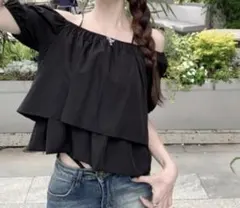 2way オフショルダー ティアード ギャザー パフスリーブ シフォンブラウス