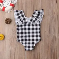 【新品】アウトレット/黒×白チェック フリル水着 90サイズ-②