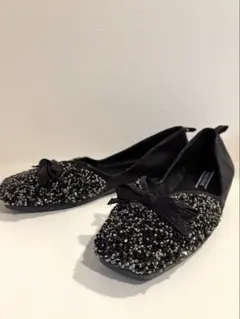 TyingToaティングトアビジュー装飾 リボン付フラットパンプス ブラック38